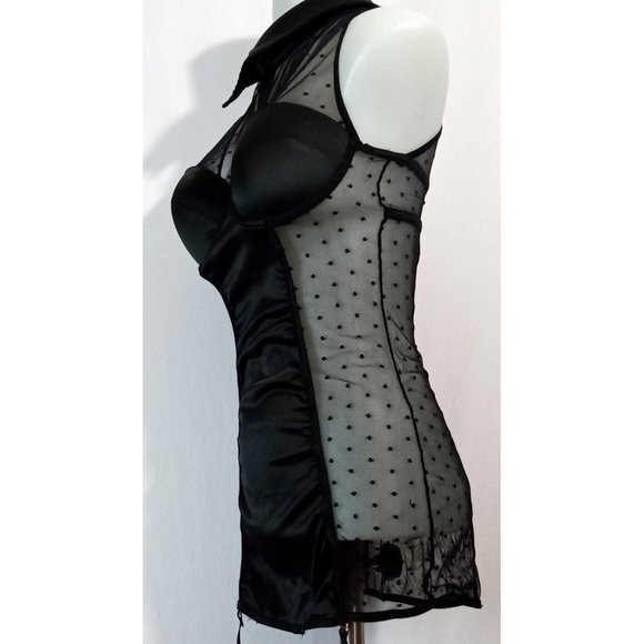 Rare Fredrick's Of Hollywood Satin w/Polka Dotted Mesh Satin Collar Garters Sz S - Picture 2 of 5